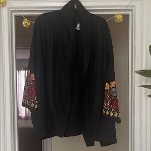 Black Linen Kimono with Floral Embroidery